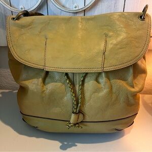 Vintage Fossil Lime Green Leather Drawstring Shoulder Bag with Key Charm